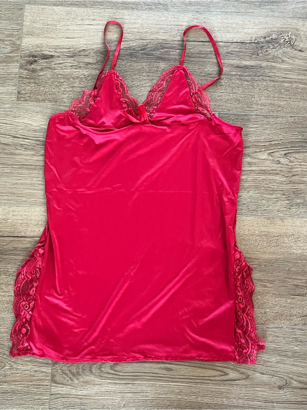 Red Lace-Trim Satin Chemise Slip